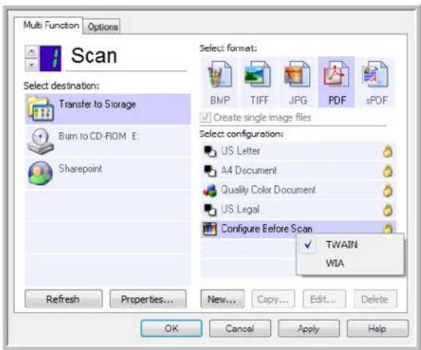 Multi Function Options Scan Select destination: Transfer to Storage Burn to CD-ROM E: Sharepoint Refresh Properties... New... Copy... Edit... Delete Select format: BNP TIFF JPG PDF sPDF Create single image files Select configuration: US Letter A4 Document Quality Color Document US Legal Configure Before Scan TWAIN WIA OK Cancel Apply Help