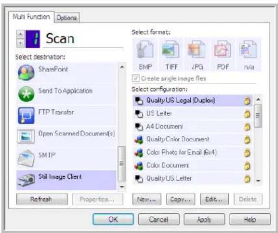 Multi Function Options Scan Select destination: SharePoint Send To Application FTP Transfer Open Scanned Document(s) SMTP Still Image Client Refresh Properties... New... Copy... Edit... Delete Select format: EMP TIFF JPG PDF r/va Create single image files Select configuration: Quality US Legal (Duplex) US Letter A4 Document Quality Color Document Color Photo for Email (6x4) Color Document Quality US Letter OK Cancel Apply Help