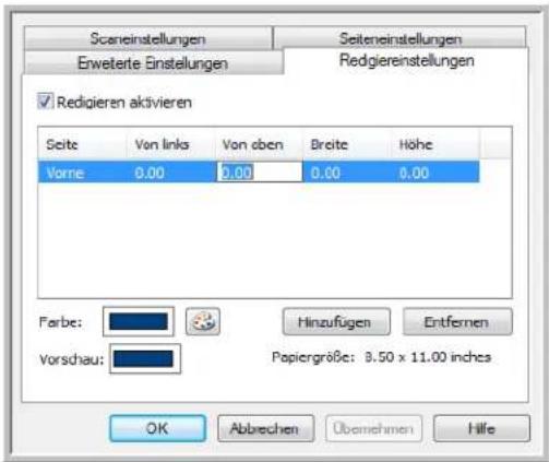 Scaneinstellungen Enwete Einstellungen Seiteinstellungen Rediereinstellungen Seite Vorne Von links Von oben Breite Höhe 0.00 0.00 0.00 0.00 Farbe: Vorschau: Hinzufügen Entfernen Papiergröße: 3.50 x 11.00 inches OK Abbrechen Übernehmen Hilfe