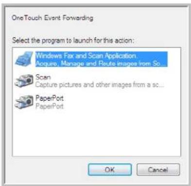 OneTouch Event Forwarding Select the program to launch for this action: Windows Fax and Scan Application Acquire, Manage and Route images from Sc... Scan Capture pictures and other images from a sc... PaperPort PaperPort OK Cancel