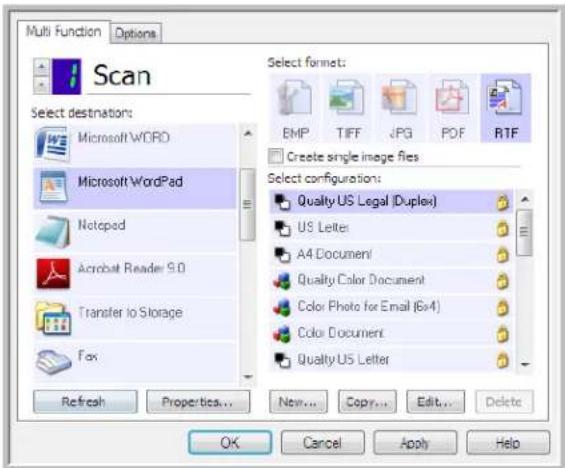 Multi Function Options Scan Select destination: Microsoft WORD Microsoft WordPad Notepad Acrobat Reader 9.0 Transfer to Storage Fax Refresh Properties... New... Copy... Edit... Delete Select format: EMP TIFF JPG POF RTF Create single image files Select configurations: Quality US Legal (Duplex) US Letter A4 Document Quality Color Document Color Photo for Email (6x4) Color Document Quality US Letter OK Cancel Apply Help