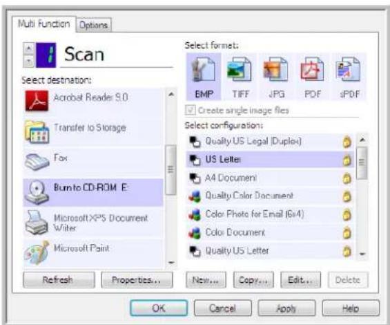 Multi Function Options Scan Select destination: Acrobat Reader S.0 Transfer to Storage Fox Burn to CD-ROM E: Microsoft XPS Document Writer Microsoft Paint Refresh Properties... New... Copy... Edit... Delete Select formats: EMP TIFF JPG PDF sPDF Create single image files Select configurations: Quality US Legal (Duplex) US Letters A4 Document Quality Color Document Color Photo for Email (6x4) Color Document Quality US Letter OK Cancel Apply Help