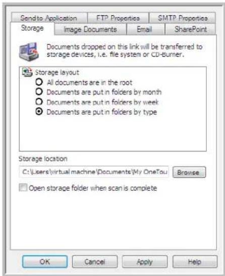 Send to Application FTP Properties SMTP Properties Storage XiImage Documents Email SharePoint Documents dropped on this link will be transferred to storage devices, i.e. file system or CD-Burner. Storage layout All documents are in the root Documents are put in folders by month Documents are put in folders by week Documents are put in folders by type Storage location C:\Users\virtual machine\Documents\My OneTou Browse Open storage folder when scan is complete OK Cancel Apply Help
