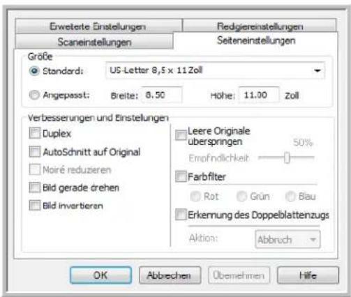 Erweitere Einstellungen Scaneinstellungen Redgiereinstellungen Seiteneinstellungen Größe Standard: US-Letter 8,5 x 11 Zoll Angepasst: Breite: 0.50 Höhe: 11.00 Zoll Verbesserungen und Einstellungen Duplex AutoSchnitt auf Original Noire reduzieren Bild gerade drehen Bild inverbaren Leere Originale überspringen 50% Empfindlichkeit Farbfilter Rot Grün Blau Erkernung des Doppelblattenzugs Aktion: Abbruch OK Abbrechen Übernehmen Hilfe