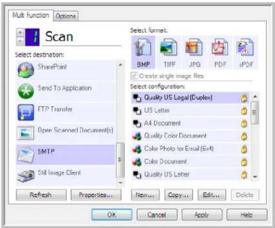 Multi Function Options Scan Select destination: SharePoint Send To Application FTP Transfer Open Scanned Document(s) SMTP Still Image Client Refresh Properties... New... Copy... Edit... Delete Select format: BMP TIFF JPG PDF sPDF Create single image files Select configurations: Quality US Legal (Duplex) US Letter A4 Document Quality Color Document Color Photo for Email (Go4) Color Document Quality US Letter OK Cancel Apply Help