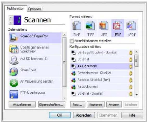 Multifunktion Optionen Scannen Ziele wählen: ScanSoft PapePort Übertragen an einen Speichertort Auf CD brennen E: ShamPoint An Anwendung senden FTP-Übertragung Aktualieren Eigenschaften... Neu... Kopieren Ändern Löschen Format wählen: EMP TIFF JPG PDF sPDF Einzelbildsteien erstellen Configuration wählen: US - Legal (Duplex) - Qualität US-Brief A4-Dokumeni Farbdokument - Qualität Farbiolo für eMail (EeA) Farbdokument US-Brief - Qualität OK Abrechen Übernehmen Hife
