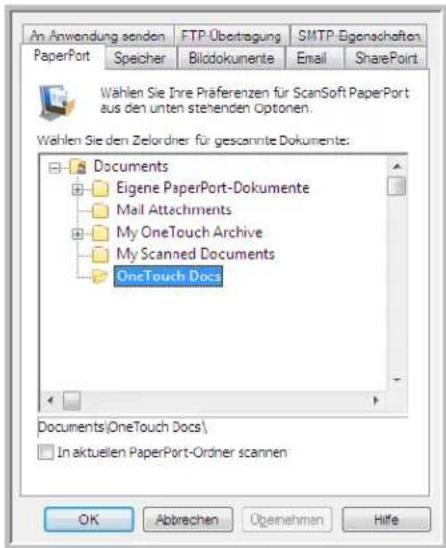 An Anwendung senden FTP Übertragung SMTP Eigenaschaften PaperPort Speicher Bilddokumente Email SharePoint Wahlen Sie Ihre Präferenzen für ScanSoft PaperPort aus den unten stehenden Optionen. Wahlen Sie den Zelordner für gescannte Dokumente: Documents Eigene PaperPort-Dokumente Mail Attachments My OneTouch Archive My Scanned Documents OneTouch Docs Documents(OneTouch Docs) In aktuellen PaperPort-Ordner scannen OK Abbrechen Opernehmen Hilfe