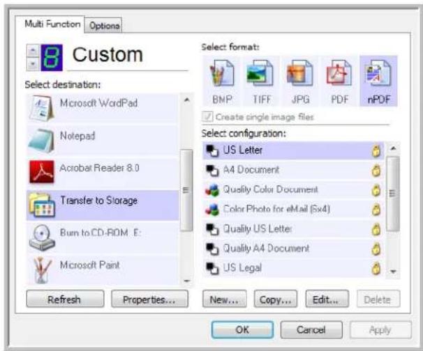 Multi Function Options Custom Select destination: Microsoft WordPad Notepad Acrobat Reader 8.0 Transfer to Storage Burn to CD-ROM E: Microsoft Paint Refresh Properties... New... Copy... Edit... Delete Select format: BNP TIFF JPG PDF nPDF Create single image files Select configuration: US Letter A4 Document Quality Color Document Color Photo for eMail (5x4) Quality US Letter Quality A4 Document US Legal OK Cancel Apply