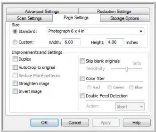 Advanced Settings Scan Settings Page Settings Storage Options Size Standard: Photograph 6 x 4 in Custom: Width: 6.00 Height: 4.00 inches Improvements and Settings Duplex AutoCrop to original Reduce More patterns Straighten image Invert image Skip blank originals Sensitivity 50% Color filter Red Green Blue Double-Feed Detection Actions: Abort OK Cancel Apply Help
