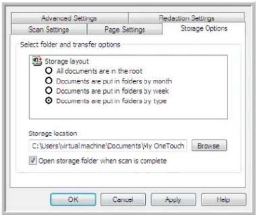 Advanced Settings Scan Settings Page Settings Reduction Settings Storage Options Select folder and transfer options Storage layout All documents are in the root Documents are put in folders by month Documents are put in folders by week Documents are put in folders by type Storage location C:\Users\virtual machine\Documents\My OneTouch Browse... Open storage folder when scan is complete OK Cancel Apply Help