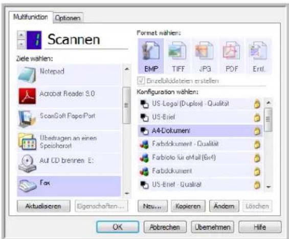 Multifunktion Optionen Scannen Ziele wählen: Notepad Acrobat Reader S.0 ScanSoft PaperPort Übetragen an einen Speicherort Aut CD brengen E: Fax Format wählen: EMP TIFF JPG PDF Entt. Einzelblüdeteilen erstellen Konfiguration wählen: US-Legal (Duplex) - Qualität US-Brief A4-Dokumenti Farbdokument - Qualität Farbiolo für eMail (Ex4) Farbdokument US-Brief - Qualität Aktulässeren Eigenschaften... Neu... Kopieren Ändem Löschen OK Abrechen Überehen Hife