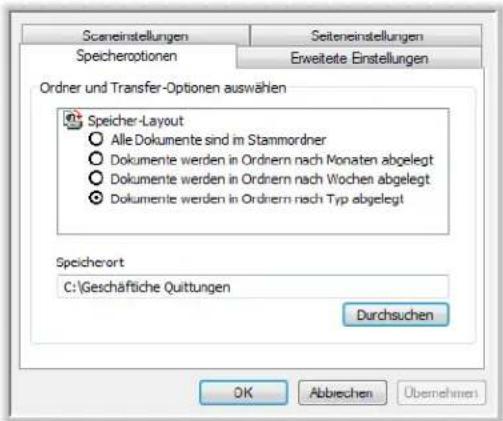 Scaneinstellungen Seiteinstellungen Speicheroptionen Erweitete Einstellungen Ordner und Transfer-Optionen auswählen Speicher-Layout Alle Dokumente sind in Stammordner Dokumente werden in Ordnern nach Monaten abgelegt Dokumente werden in Ordnern nach Wochen abgelegt Dokumente werden in Ordnern nach Typ abgelegt Speicherort C:\Geschäftliche Quittungen Durchsuchen OK Abbrechen Übernehmen
