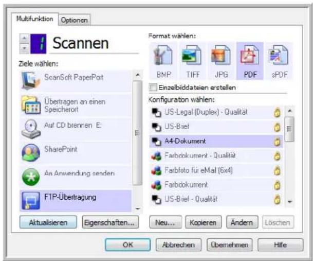 Multifunktion Optionen Scannen Ziele wählen: ScanSoft PaperPort Übertragen an einen Speicherort Auf CD brennen E: SharePoint An Anwendung senden FTP-Übertragung Format wählen: BMP TIFF JPG PDF sPDF Einzelbiddateien erstellen Konfiguration wählen: US-Legal (Duplex) - Qualität US-Bief A4-Dokument Farbokument - Qualität Farbfoto für eMail (6x4) Farbokument US-Bief - Qualität Aktualsieren Eigenschaften... Neu... Koolieren Ändern Löschen OK Abbrevchen Übernehmen Hilfe
