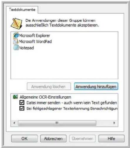 Textdokumente De Anwendungen dieser Gruppe können ausschließlich Textdokumente akzeptieren. Microsoft Explorer Microsoft WordPad Notepad Anwendung löschen Anwendung hinzufügen Allgemeine OCR-Einstellungen Datei immer senden - auch wenn kein Text gefunden Bei fehlgeschlegener Texterkennung Benachrichtigun OK Abbrechen Übemehmen Hife