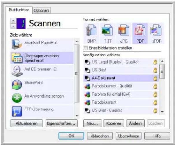 Multifunktion Optionen Scannen Ziele wählen: ScanSoft PaperPort Übertragen an einen Speicherott Auf CD brennen E: SharePoint An Anwendung senden FTP-Übertragung Format wählen: BNP TIFF JPG PDF sPDF Einzelbiddateien erstellen Konfiguration wählen: US-Legal (Duplex) - Qualität US-Bief A4-Dokument Farbokument - Qualität Farbloto für eMail (6x4) Farbokument US-Bief - Qualität Aktualsieren Eigenschaften... Neu... Kopieren Ändern Löschen OK Abbrechen Übernehmen Hilfe