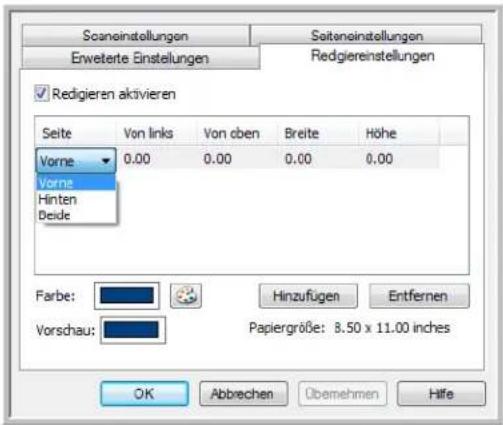 Scansinstellungen Enweteerte Einstellungen Soiteneinstellungen Redgiereinstellungen ✓ Redigieren aktivieren Seite Von links Von oben Breite Höhe Vorne 0.00 0.00 0.00 0.00 Vorne Hinten Beide Farbe: Vorschau: Hinzufügen Entfernen Papiergröße: 8.50 x 11.00 inches OK Abbrechen Obemehmen Hilfe