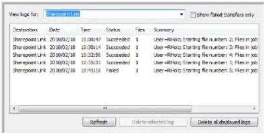 View logo for: Summary Files □ show failed transfers only Destination Date Time Status Files Summary Sharepoint Link 20 10/02/18 10:00:47 Succeeded 1 User=Rhold: Starting file numbers 2; Files in job Sharepoint Link 20 10/02/18 10:30:14 Succeeded 1 User=Rhold: Starting file numbers 3; Files in job Sharepoint Link 20 10/02/18 10:32:56 Succeeded 1 User=Rhold: Starting file numbers 4; Files in job Sharepoint Link 20 10/02/18 10:35:31 Succeeded 1 User=Rhold: Starting file numbers 5; Files in job Sharepoint Link 20 10/02/18 10:41:16 Failed 1 User=Rhold: Starting file numbers 6; Files in job Refresh Delete selected log Delete all deployed logs