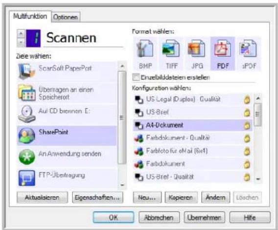 Multifunktion Optionen Scannen Ziele wählen: ScarSoft PaperPort Überragen an einen Speicherort AuI CD biennen E: SharePoint An Anwendung senden FTP-Übestragung Format wählen: BMP TIFF JPG PDF sPDF Enzelbildsteien erstellen Konfiguration wählen: US-Legal (Duplex) Qualität US-Brief A4-Dokument Farbdokument - Qualität Farbfoto für eMail (6x4) Farbdokument US-Bref - Qualität Aktualsieren Eigenschaften... Neu... Kapieren Ändern Löschen OK Abbrevchen Übernehmen Hité