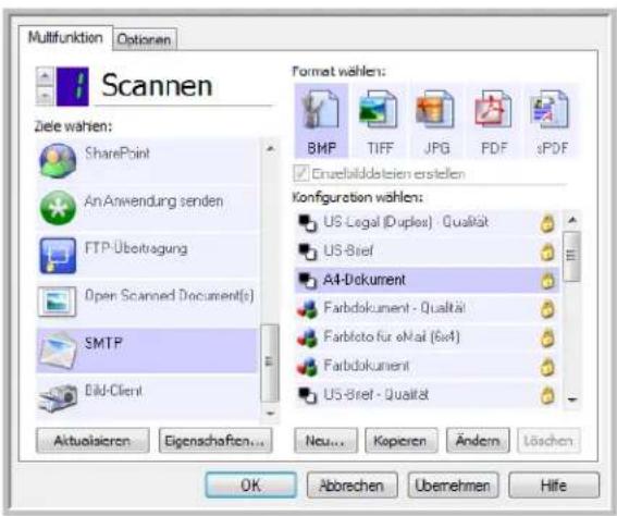 Multifunktion Optionen Scannen Ziele wahlen: SharePoint An Anwendung senden FTP-Übertragung Open Scanned Document(s) SMTP Eild-Client Aktuolaizen Eigenschaften... Format wählen: BMP TIFF JPG PDF sPDF Enzebilddstein erstellen Konfiguration wählen: US-Legal (Duplex) - Qualität US-Brief A4-Dokument Farbdokument - Qualität Farbloto für eMail (6x4) Farbdokument US-Bref - Qualität OK Abrechen Übernehmen Hife