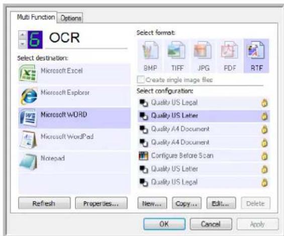 Multi Function Options OCR Select destinations: Microsoft Excel Microsoft Explorer Microsoft WORD Microsoft WordPad Norepad Refresh Properties... New... Copy... Edit... Delete Select format: BMP TIFF JPG FDF RTF Create single image files Select configuration: Quality US Legal Quality US Letter Quality A4 Document Quality A4 Document Configure Before Scan Quality US Letter Quality US Legal OK Cancel Apply