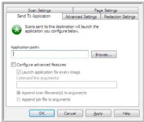 Scan Settings Page Settings Send To Application Advanced Settings Redaction Settings Scans sent to this destination will launch the application you configure below. Application path: Browse... Configure advanced features Launch application for every image Command line arguments: Append scan filename(s) to arguments Append job file to arguments OK Cancel Apply Help