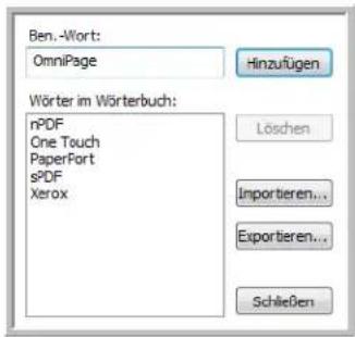 Ben.-Wort: OmniPage Hinzufügen Wörter im Wörterbuch: nPDF One Touch PaperPort sPDF Xerox Löschen Importieren... Exportieren... Schließen