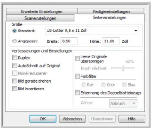 Erweitere Einsellungen Scaneinstellungen Redigiereinstellungen Seitereinstellungen Größe Standard: US-Letter 8,5 x 11 Zoll Angepasst: Breite: 8.50 Höhe: 11.00 Zoll Verbesserungen und Einstellungen Duplex AutoSchnitt auf Original Moiré reduzieren Bild gerade drehen Bild invertieren Leere Originale überspringen 50% Enpfindlichkeit Farbfilter Rot Grün Blau Erkennung des Doppelbatteinzugs Aktion: Abbruch OK Abbrevien Übemehnen Hilfe