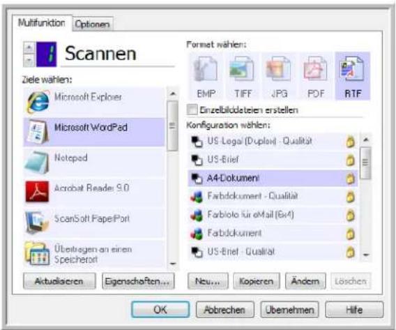 Multifunktion Optionen Scannen Ziele wählen: Microsoft Explorer Microsoft WordPad Notepad Acrobat Reader 9.0 ScanSoft PaperPort Übertragen an einen Speicherort Format wählen: EMP TIFF JPG PDF RTF Einzelbildsteien erstellen Kofiguration wählen: US Legal (Duploid) - Qualität US-Brief A4-Dokument Farbdokument - Qualität Farbiolo für eMail (6v4) Farbdokument US-Brief - Qualität Aktulisieren Eigenschaften... Neu... Kopieren Ändern Löschen OK Abbrechen Überehen Hife