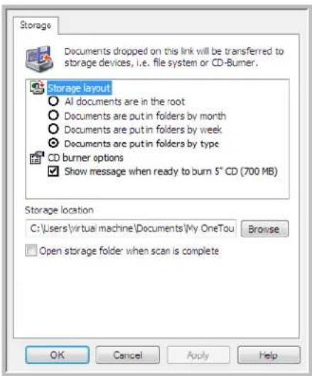 Storage Documents dropped on this link will be transferred to storage devices, i.e. file system or CD-Burner. Storage layout ○ All documents are in the root ○ Documents are put in folders by month ○ Documents are put in folders by week ○ Documents are put in folders by type CD burner options ✓ Show message when ready to burn 5" CD (700 MB) Storage location C:\Users\virtual machine\Documents\My OneTou Browse Open storage folder when scan is complete OK Cancel Apply Help