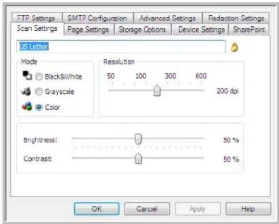 FTP Settings SMTP Configuration Advanced Settings Fledaction Settings Scan Settings Page Settings Storage Options Device Settings SharePoint JS Letter Mode Black&White Grayscale Color Resolution 50 100 300 600 200 dpi Brightness: 50 % Contrast: 50 % OK Cancel Apply Help