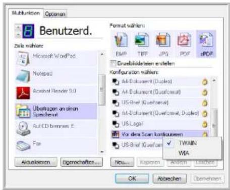 Multifunction Options Benutzerd. File wahlen: Microsoft WordPad Notepad Aerobat Reader 9.0 Ubstragen an einem Speichereit All CD Bremen E. Fax Format wahlen: EMP TIFF JPG PDF ePDF Enerabildete leiten erstellen Konfiguration wahlen: M4-D Dokument (Duplex) M4-D Dokument (Quaftformal) US-Bref (Quaftformal) M4-D Dokument (Quaftformal, Duplex) US-Lega Yor dem Scan konfiguren: US-Bref (Quaftformal) ✓ TWAIN WA Aktiviseren Eigenschaften... OK Aborechen Überschinen