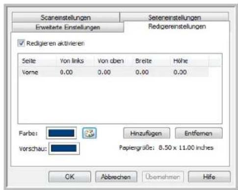 Scaneinstellungen Erweiterte Einstellungen Seitereinstellungen Redigerestellungen ✓ Redigieren aktivieren Seite Von links Von oben Breite Höhe Vorne 0.00 0.00 0.00 0.00 Farbe: Vorschau: Hinzufügen Entfernen Papiergröße: 8.50 x 11.00 inches OK Abbrechen Obensheim Hife