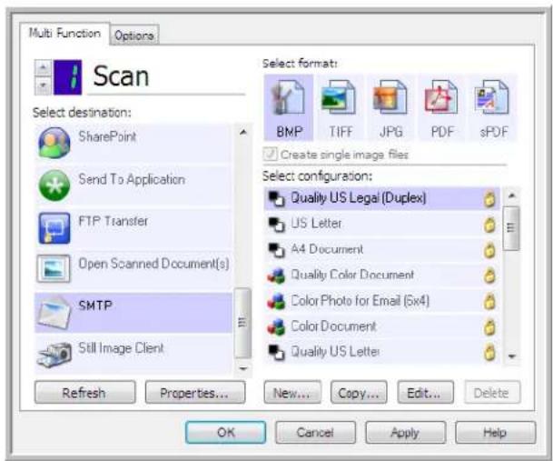 Multi Function Options Scan Select destination: SharePoint Send To Application FTP Transfer Open Scanned Document(s) SMTP Still Image Client Refresh Properties... New... Copy... Edit... Delete Select format: BMP TIFF JPG PDF sPDF Create single image files Select configuration: Quality US Legal (Duplex) US Letter A4 Document Quality Color Document Color Photo for Email (6x4) Color Document Quality US Letter OK Cancel Apply Help