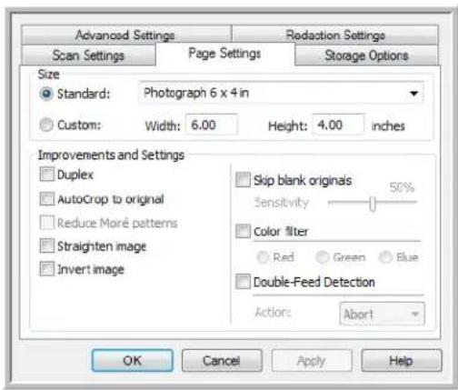 Advanced Settings Scan Settings Page Settings Storage Options Size Standard: Photograph 6 x 4 in Custom: Width: 6.00 Height: 4.00 inches Improvements and Settings Duplex AutoCrop to original Reduce More patterns Straighten image Invert image Skip blank origins 50% Sensitivity Color filter Red Green Blue Double-Feed Detection Actions: Abort OK Cancel Apply Help