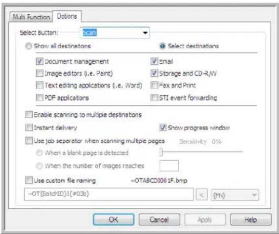 Multi Function Options Select Button: □ Show all destinations □ Select destinations ✓ Document management □ Image editors (i.e. Paint) □ Text editing applications (i.e. Word) □ PDF applications □ Email □ Storage and CD-R/W □ Fax and Print □ STI event forwarding □ Enable scanning to multiple destinations □ Instant delivery □ Show progress window □ Use job separator when scanning multiple pages Sensitivity: 0% ○ When a blank page is detected ○ When the number of images reaches □ Use custom file naming -OTABCD001F.bmp -OT[BatchID]1(#03b) < (HN) OK Cancel Apply Help