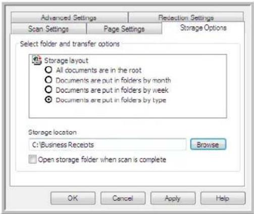Advanced Settings Scan Settings Page Settings Redaction Settings Storage Options Select folder and transfer options Storage layout All documents are in the root Documents are put in folders by month Documents are put in folders by week Documents are put in folders by type Storage location C:\Business Receipts Browse Open storage folder when scan is complete OK Cancel Apply Help