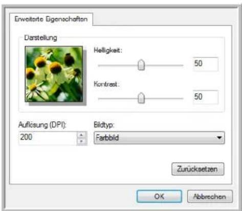 Erweitere Eigenschaften Darstellung Helligkeit: 50 Kontrest: 50 Auflösung (DPI): 200 Bildtyp: Farbbild Zurücksetzen OK Abbrechen