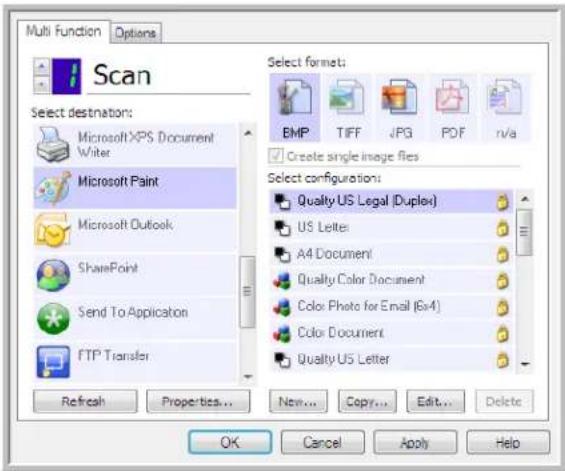 Multi Function Options Scan Select destination: Microsoft XPS Document Writer Microsoft Paint Microsoft Outlook SharePoint Send To Application FTP Transfer Refresh Properties... New... Copy... Edit... Delete Select format: BMP TIFF JPG POF r/va Create single image files Select configurations: Quality US Legal (Duplex) US Letter A4 Document Quality Color Document Color Photo for Email (6x4) Color Document Quality US Letter OK Cancel Apply Help