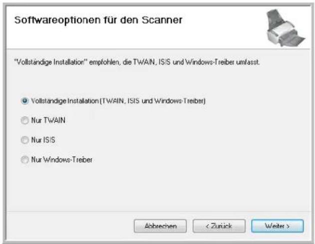Softwareoptionen für den Scanner "Vollständige Installation" empfohlen, die TWAIN, ISIS und Windows-Treiber umfasst. ● Vollständige Installation (TWAIN, ISIS und Windows-Treiber) ○ Nur TWAIN ○ Nur ISIS ○ Nur Windows-Treiber Abbrechen
