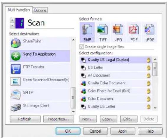 Multi Function Options Scan Select destination: SharePoint Send To Application FTP Transfer Open Scanned Document(s) SMTP Still Image Client Refresh Properties... New... Copy... Edit... Delete Select formats: EMP TIFF JPG PDF sPDF Create single image files Select configurations: Quality US Legal (Duplex) US Letter A4 Document Quality Color Document Color Photo for Email (6x4) Color Document Quality US Letter OK Cancel Apply Help