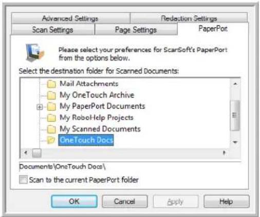 Advanced Settings Scan Settings Page Settings Redaction Settings PaperPort Please select your preferences for ScarSoft's PaperPort from the options below. Select the destination folder for Scanned Documents: Mail Attachments My OneTouch Archive My PaperPort Documents My RoboHelp Projects My Scanned Documents OneTouch Docs Documents\OneTouch Docs\ Scan to the current PaperPort folder OK Cancel Apply Help
