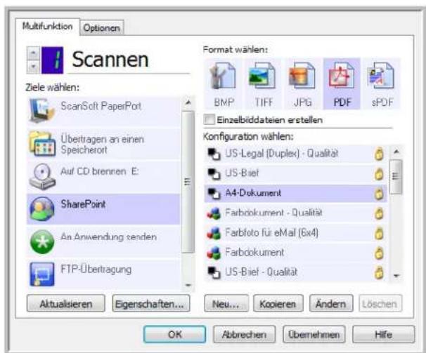 Multifunktion Optionen Scannen Ziele wählen: ScanSoft PaperPort Übertragen an einen Speicherort Auf CD brennen E: SharePoint An Anwendung senden FTP-Übertragung Aktualsieren Eigenschaften... Format wählen: BMP TIFF JPG PDF sPDF Einzelbiddateien erstellen Configuration wählen: US-Legal (Duplex) - Qualität US-Brief A4-Dokument Farbdokument - Qualität Farbloto für eMail (6x4) Farbdokument US-Brief - Qualität Neu... Koolieren Ändern Löschen OK Abbrechen Übernehmen Hife