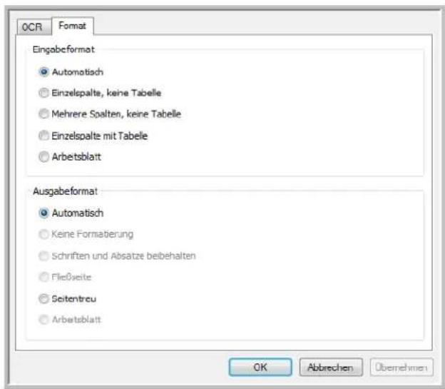 OCR Format Eingabeformat Automatisch Einzelspalte, keine Tabelle Mehrere Spalten, keine Tabelle Einzelspalte mit Tabelle Arbetsblatt Ausgabeformat Automatisch Keine Formaberung Schriften und Absätze beibehalten Fleißeite Seitentreu Arbetsblatt OK Abbreven Übernehmen