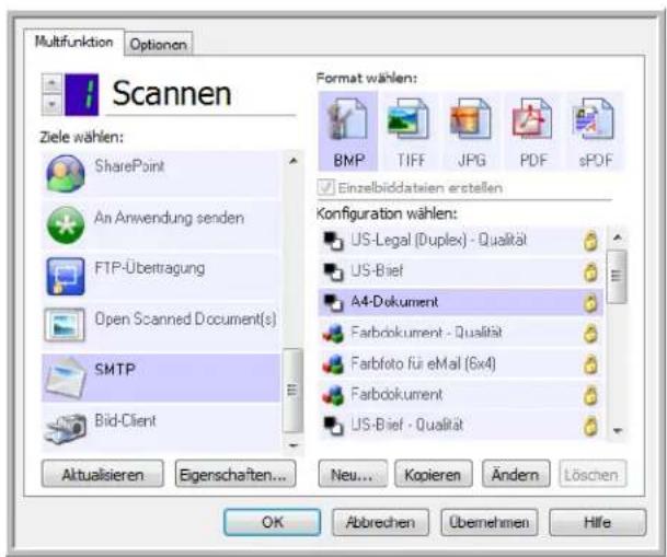 Multifunktion Optionen Scannen Ziele wählen: SharePoint An Anwendung senden FTP-Übertragung Open Scanned Document(s) SMTP Bid-Client Format wählen: BMP TIFF JPG PDF sPDF Einzelbiddateien erstellen Configuration wählen: US-Legal (Duplex) - Qualität US-Bief A4-Dokument Farbdokument - Qualität Farbfoto für eMail (6x4) Farbdokument US-Bief - Qualität Aktualsieren Eigenschaften... Neu... Kopieren Ändern Löschen OK Abbrevchen Übernehmen Hilfe