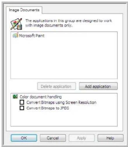 Image Documents The applications in this group are designed to work with image documents only. Microsoft Paint Delete application Add application Color document handling □ Convert Bitmaps using Screen Resolution □ Convert Bitmaps to JPEG OK Cancel Apply Help