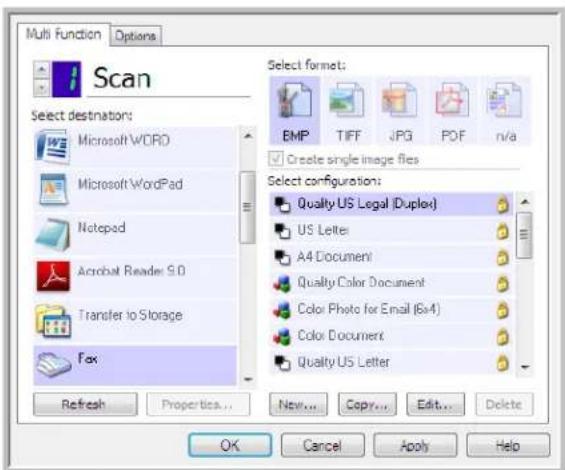 Multi Function Options Scan Select destination: Microsoft WORD Microsoft WordPad Notepad Acrobat Reader S.D Transfer to Storage Fax Refresh Properties... New... Copy... Edit... Delete Select format: EMP TIFF JPG PDF n/a Create single image files Select configuration: Quality US Legal (Duplex) US Letter A4 Document Quality Color Document Color Photo for Email (6x4) Color Document Quality US Letter OK Cancel Apply Help