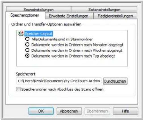 Scaneinstellungen Seiteneinstellungen Speicheroptionen Erweterte Einstellungen Redgiereinstellungen Ordner und Transfer-Optionen auswählen Speicher Layout Alle Dokumente sind in Stammordner Dokumente werden in Ordnern nach Monaten abgelegt Dokumente werden in Ordnern nach Wochen abgelegt Dokumente werden in Ordnern nach Typ abgelegt Speicherort C:\Users\Rholz\Documents\My OneTouch Archive Durchsuchen Speicherordner nach Abschluss des Scans öffnen OK Abbrechen Übemehmen Hilfe