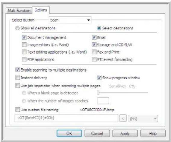 Multi Function Options Select Button: Scan Show all destinations Select destinations Document management Email Image editors (i.e. Paint) Storage and CD-R/W Text editing applications (i.e. Word) Fax and Print PDF applications STI event forwarding Enable scanning to multiple destinations Instant delivery Show progress window Use job separator when scanning multiple pages Sensitivity 0% When a blank page is detected When the number of images reaches Use custom file naming ~OTA8CD001F.bmp ~OT(BatchID)1(#03b) < (OK) Cancel Apply Help