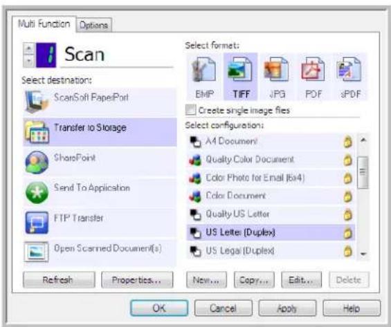 Multi Function Options Scan Select destination: ScanSoft PaperPort Transfer to Storage SharePoint Send To Application FTP Transfer Open Scanned Document(s) Refresh Properties... New... Copy... Edit... Delete Select formats: EMP TIFF JPG PDF sPDF Create single image files Select configurations: A4 Document Quality Color Document Color Photo for Email (6x4) Color Document Quality US Letter US Letter (Duplex) US Legal (Duplex) OK Cancel Apply Help