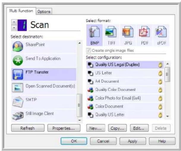 Multi Function Options Scan Select destination: SharePoint Send To Application FTP Transfer Open Scanned Document(s) SMTP Still Image Client Refresh Properties... New... Copy... Edit... Delete Select format: BNP TIFF JPG PDF sPDF Create single image files Select configuration: Quality US Legal (Duplex) US Letter A4 Document Quality Color Document Color Photo for Email (6x4) Color Document Quality US Letter OK Cancel Apply Help